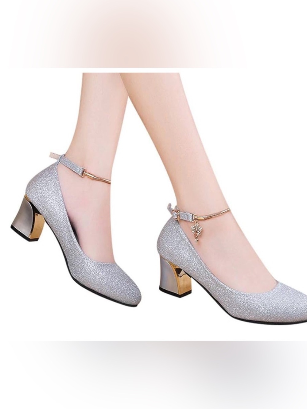 Elegant Silver Glitter Block Heel Pumps with Ankle Strap